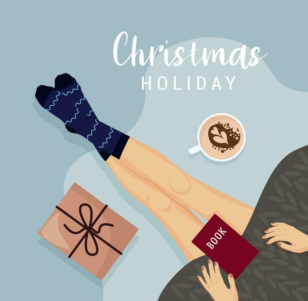 Happy New Year and Merry Christmas. Christmas holidays at home. A cozy evening with a blanket, a book and coffee. Drawing for a postcard, poster, banner for the Christmas holidays vector