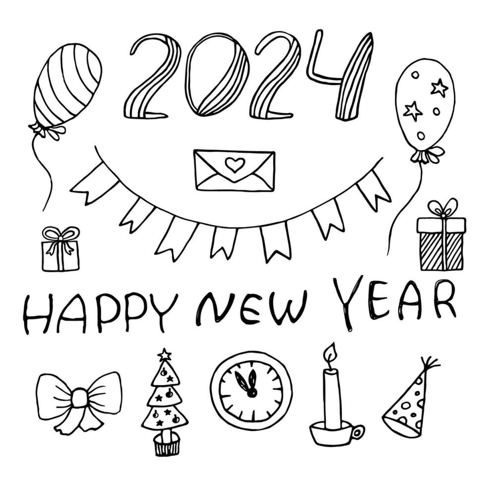 Set icons new year hand drawn. Designed for make banners, posters, children s calendars and others. Vector illustration