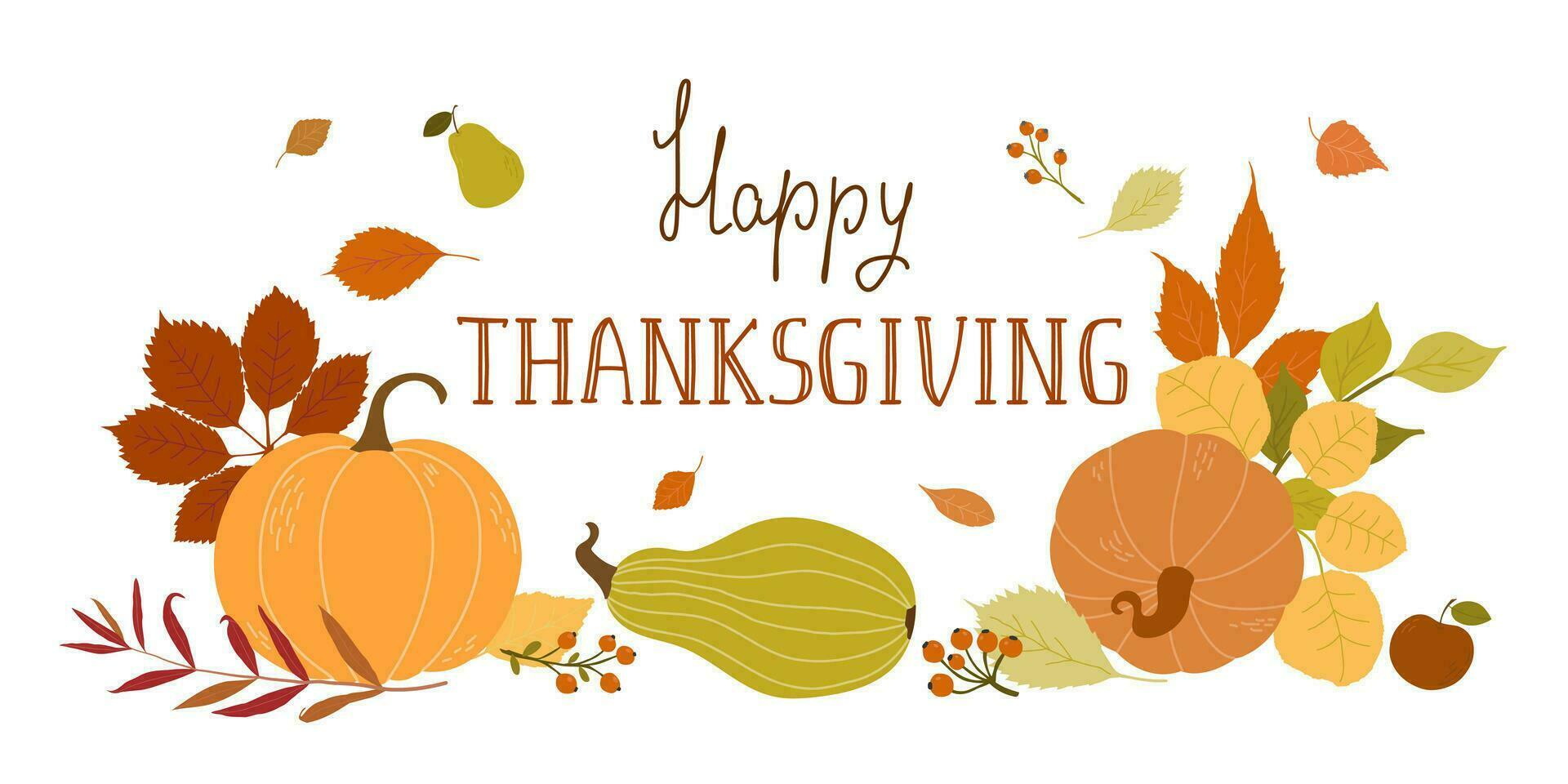 Hand Drawn Happy Thanksgiving Lettering with Leaves and Pumpkins. Card in doodle style. Vector illustration.