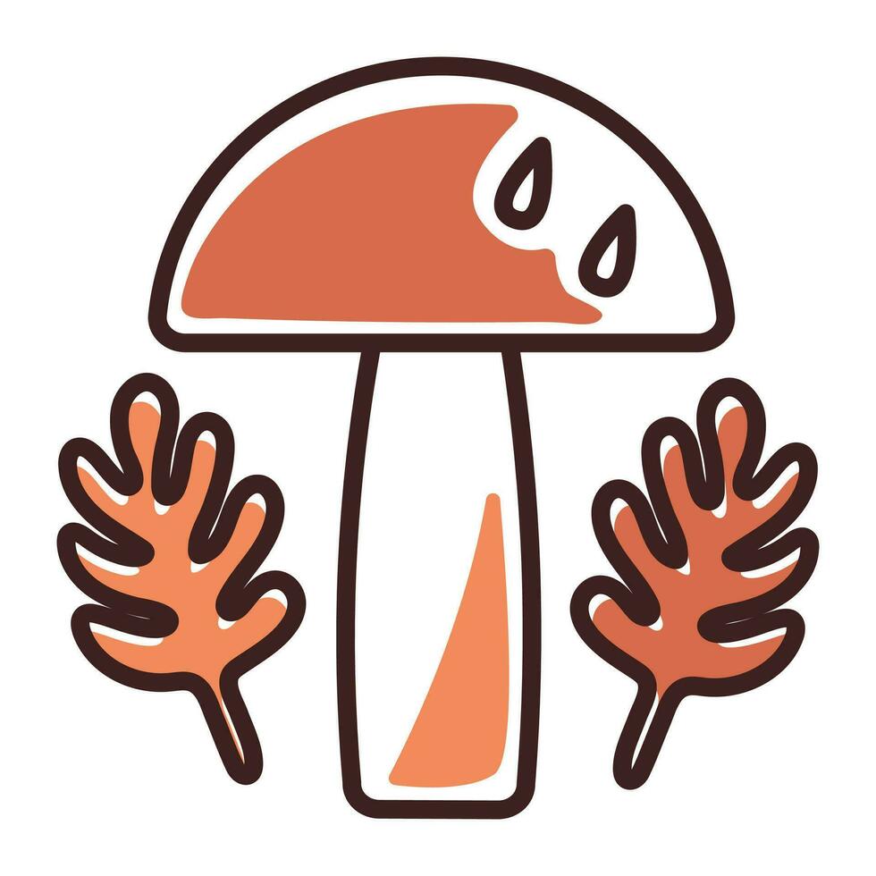 Groovy mushroom and leaves, autumn season icon, fall pictogram in orange colors vector