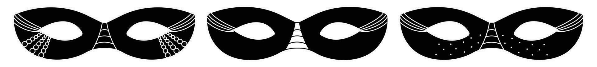 Black and white masquerade masks set, three monochrome vector illustrations