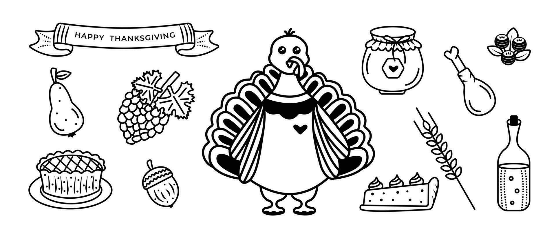 Monochrome Thanksgiving doodle set, cute black and white vector pictograms