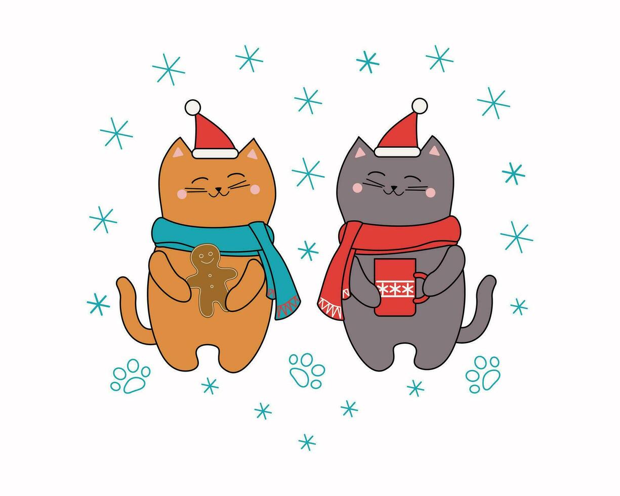 dibujos animados gatos vistiendo un Papa Noel sombrero, un bufanda con un jarra y un pan de jengibre hombre. rojo jarra con un caliente beber. dulce alimento. linda gatito, nieve, copos de nieve. vector