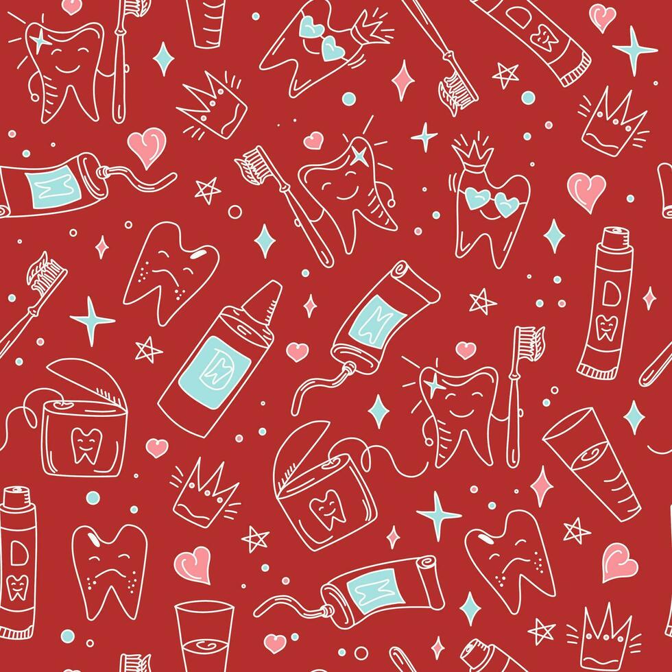 Pattern Hand drawn dental vector set. Toothpaste, cartoon tooth, dental floss and toothbrush in doodle style. Dental care. Healthy tooth and diseased tooth.