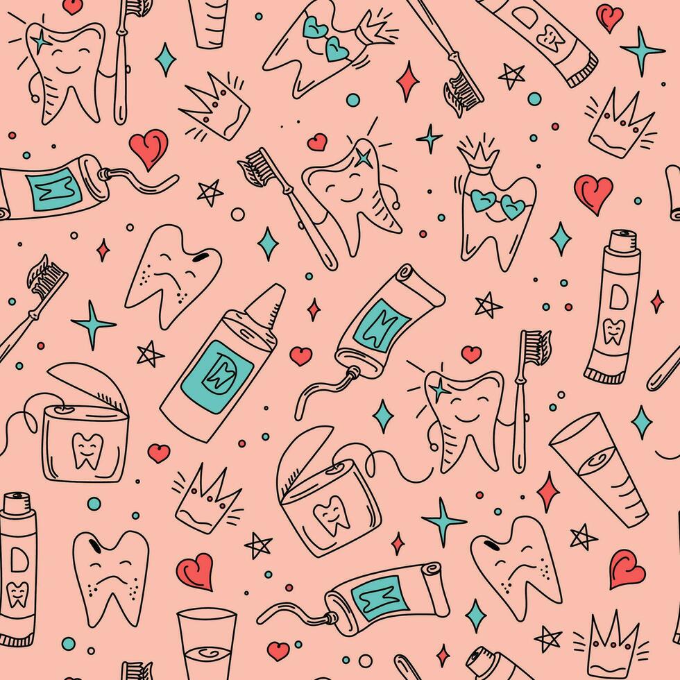 Pattern Hand drawn dental vector set. Toothpaste, cartoon tooth, dental floss and toothbrush in doodle style. Dental care.
