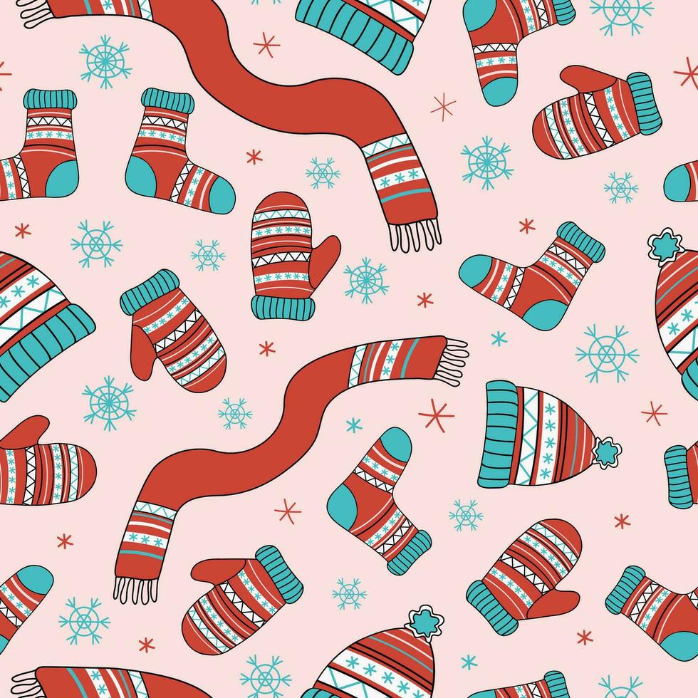 Knitwear pattern, accessories, warm clothes. Winter hat, scarf, mittens and socks with ornament. Vector seamless background.