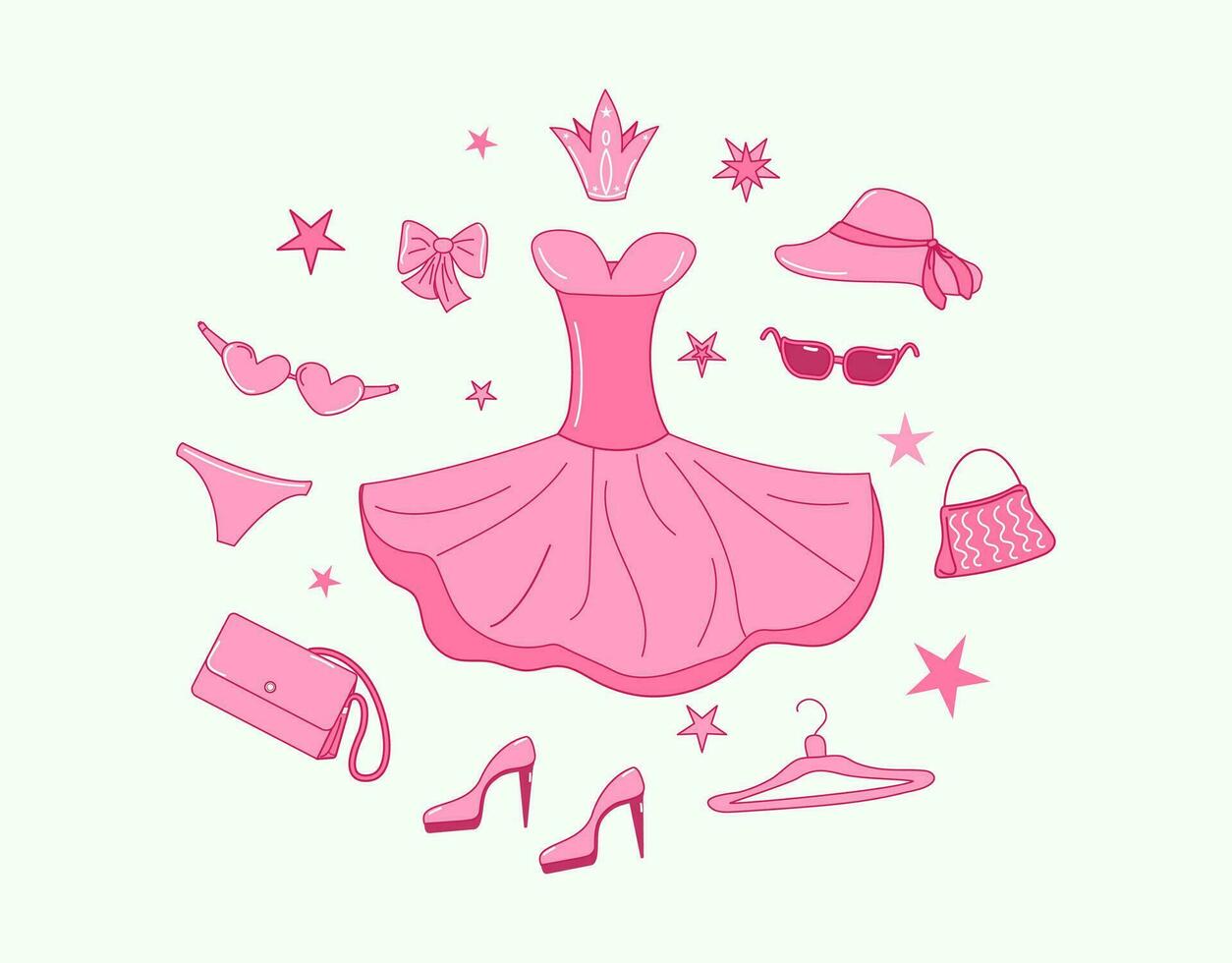 Pink doll accessories and clothes. Pink fashion set. Suit, dress, shoes, hat. vector