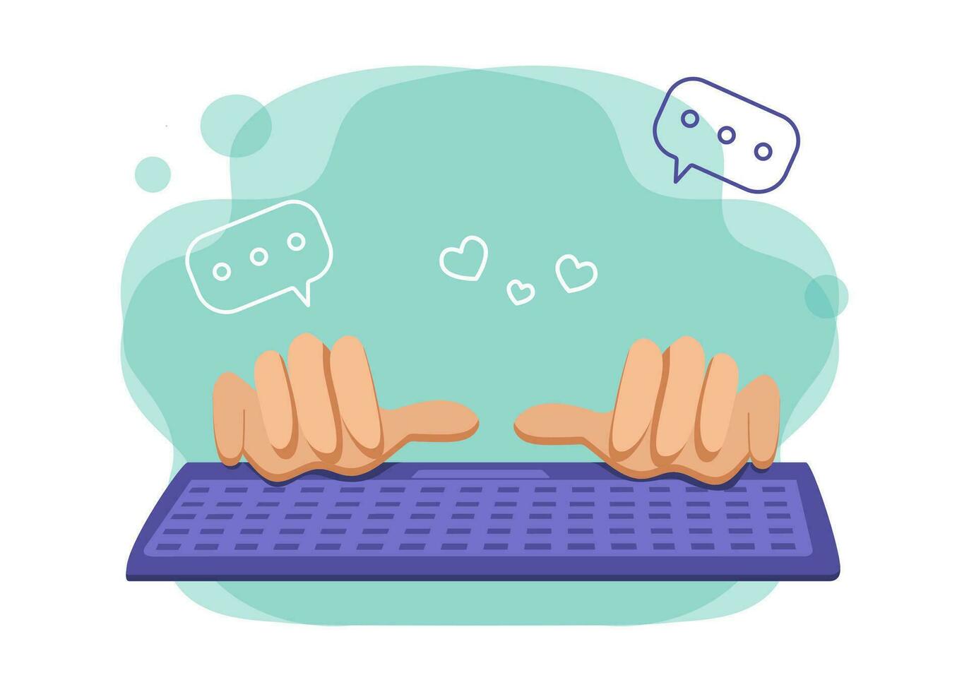 Human hands and computer keyboard. Work, study, communication in messengers. Love, hearts. vector