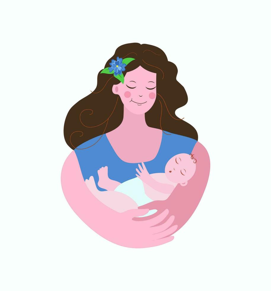 un mujer con un bebé en su brazos. maternidad, infancia. dormido recién nacido en un pañal. contento mamá con largo cabello. vector