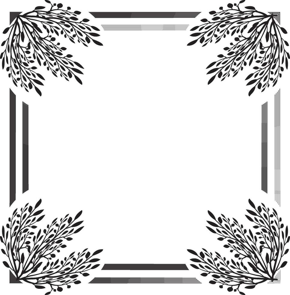 a black and white square frame with a floral design, Black and white floral frame with leaves silhouettes. floral ornament, floral frame with leaves silhouettes. floral ornament vector
