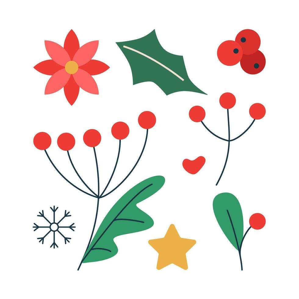 Set of Christmas branch with berries and leaves. Winter holiday elements. vector
