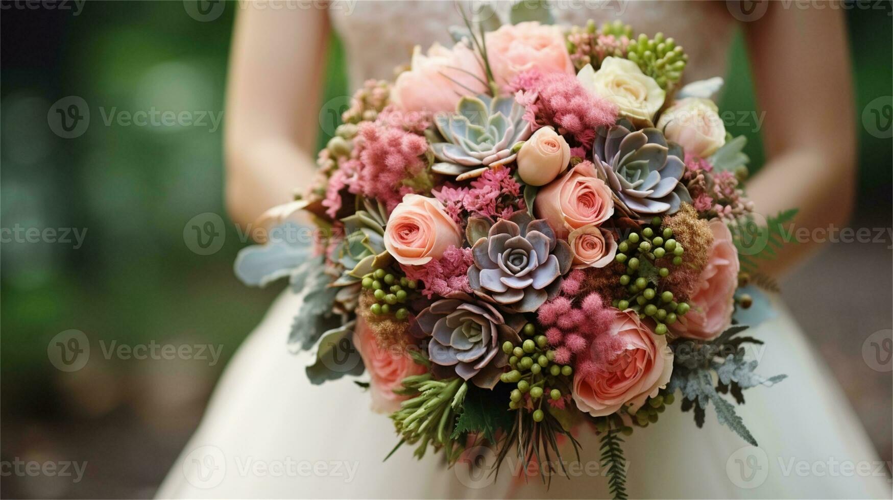 a bouquet of pink and yellow roses sitting on rocks AI Generated photo