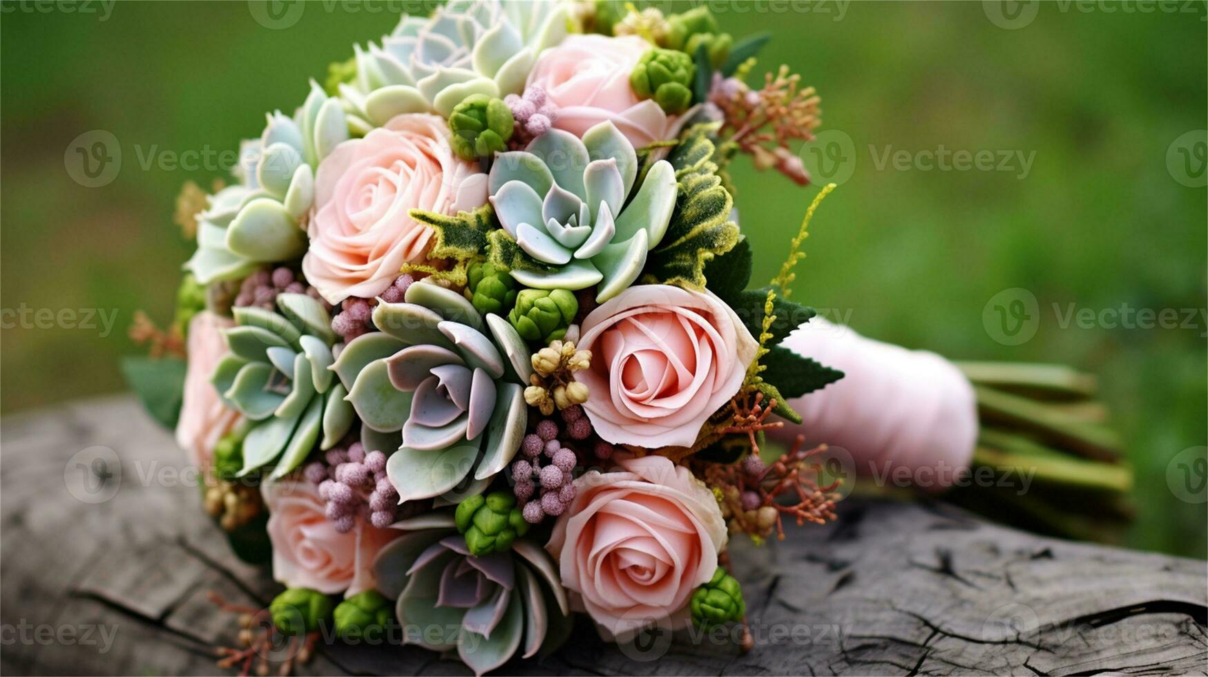 a bouquet of pink and yellow roses sitting on rocks AI Generated photo