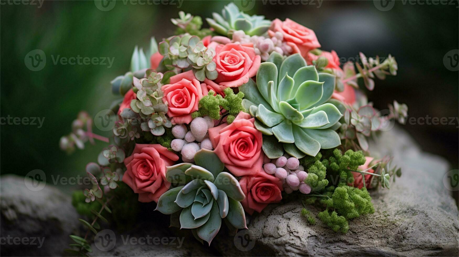 a bouquet of pink and yellow roses sitting on rocks AI Generated photo