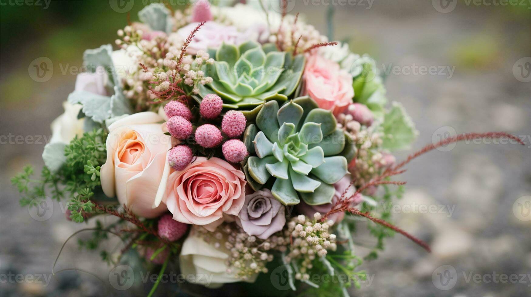 a bouquet of pink and yellow roses sitting on rocks AI Generated photo