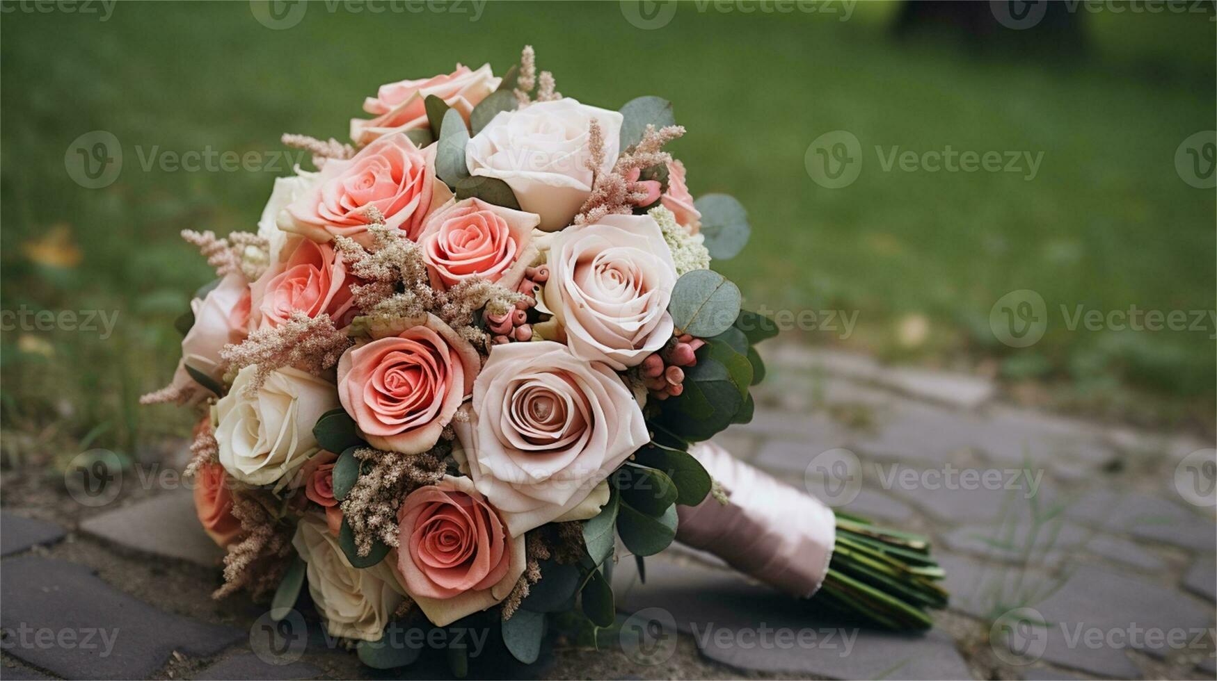 a bouquet of pink and yellow roses sitting on rocks AI Generated photo