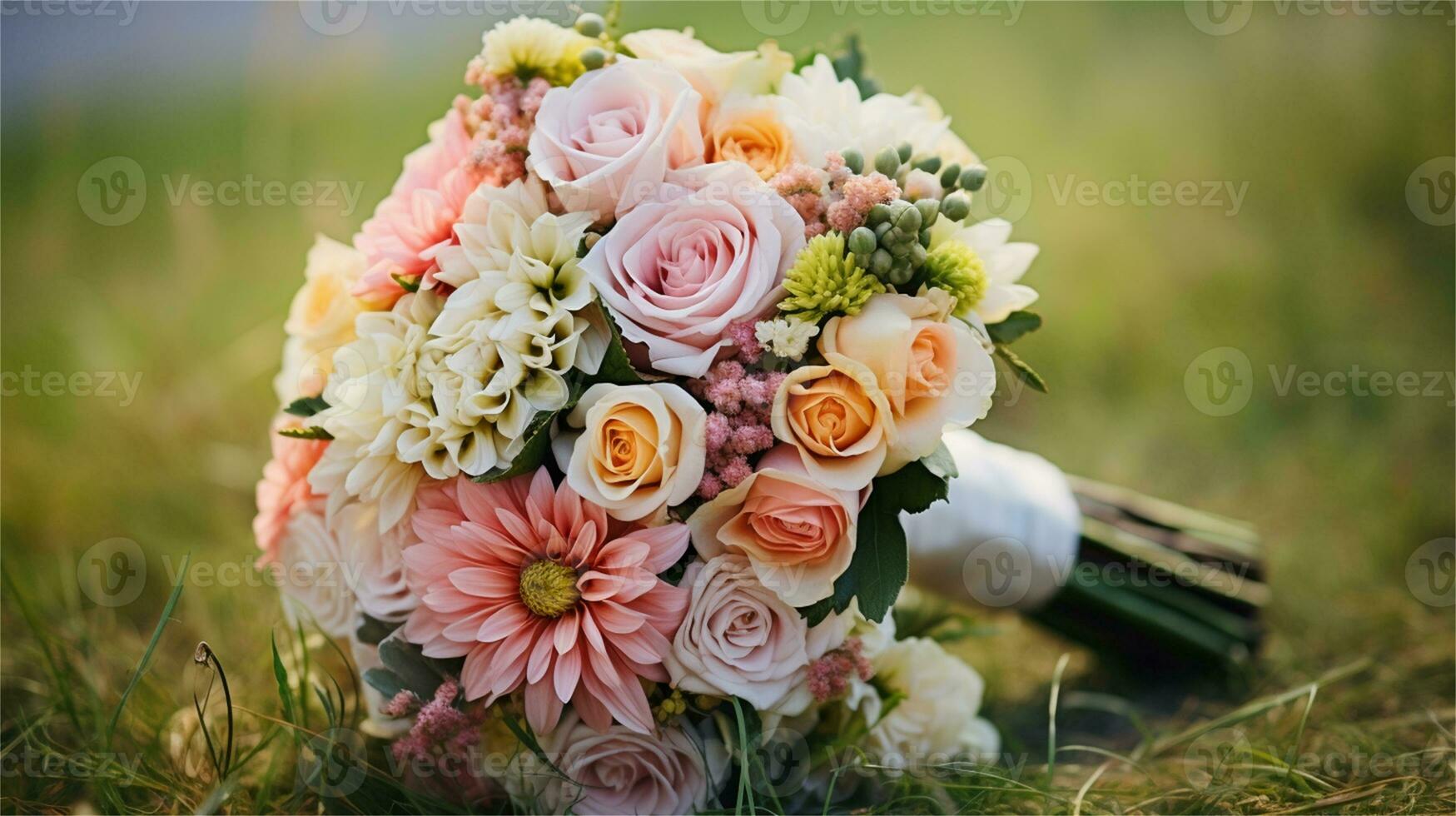a bouquet of pink and yellow roses sitting on rocks AI Generated photo