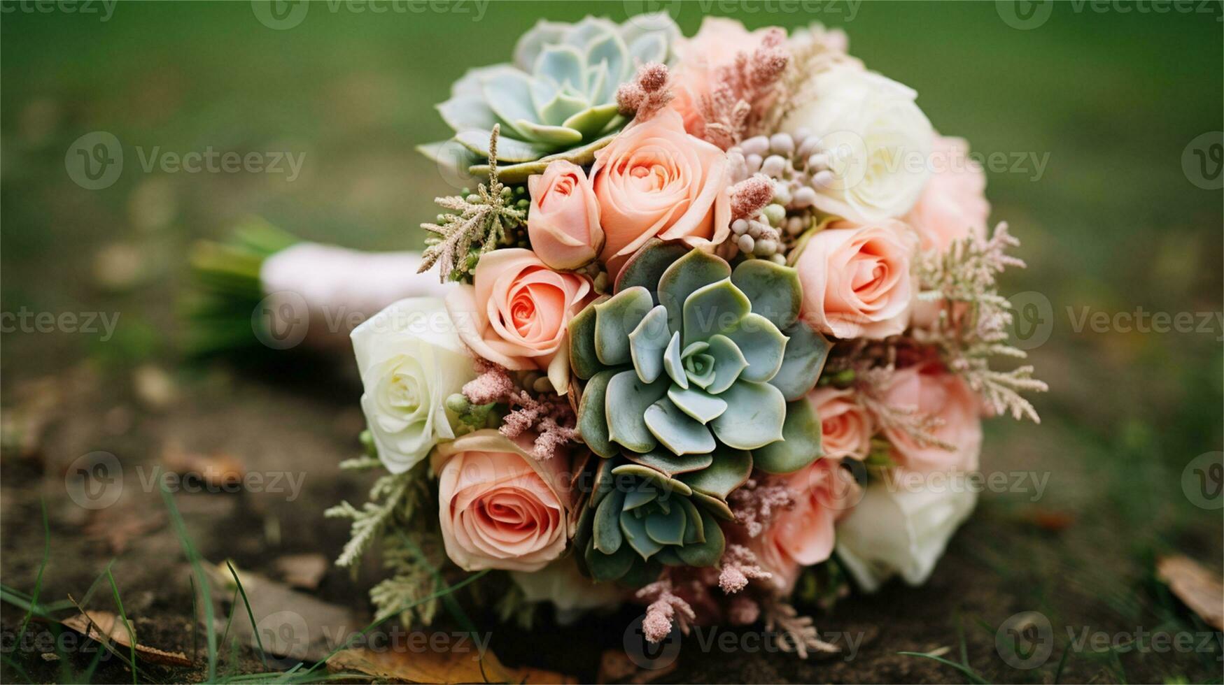 a bouquet of pink and yellow roses sitting on rocks AI Generated photo