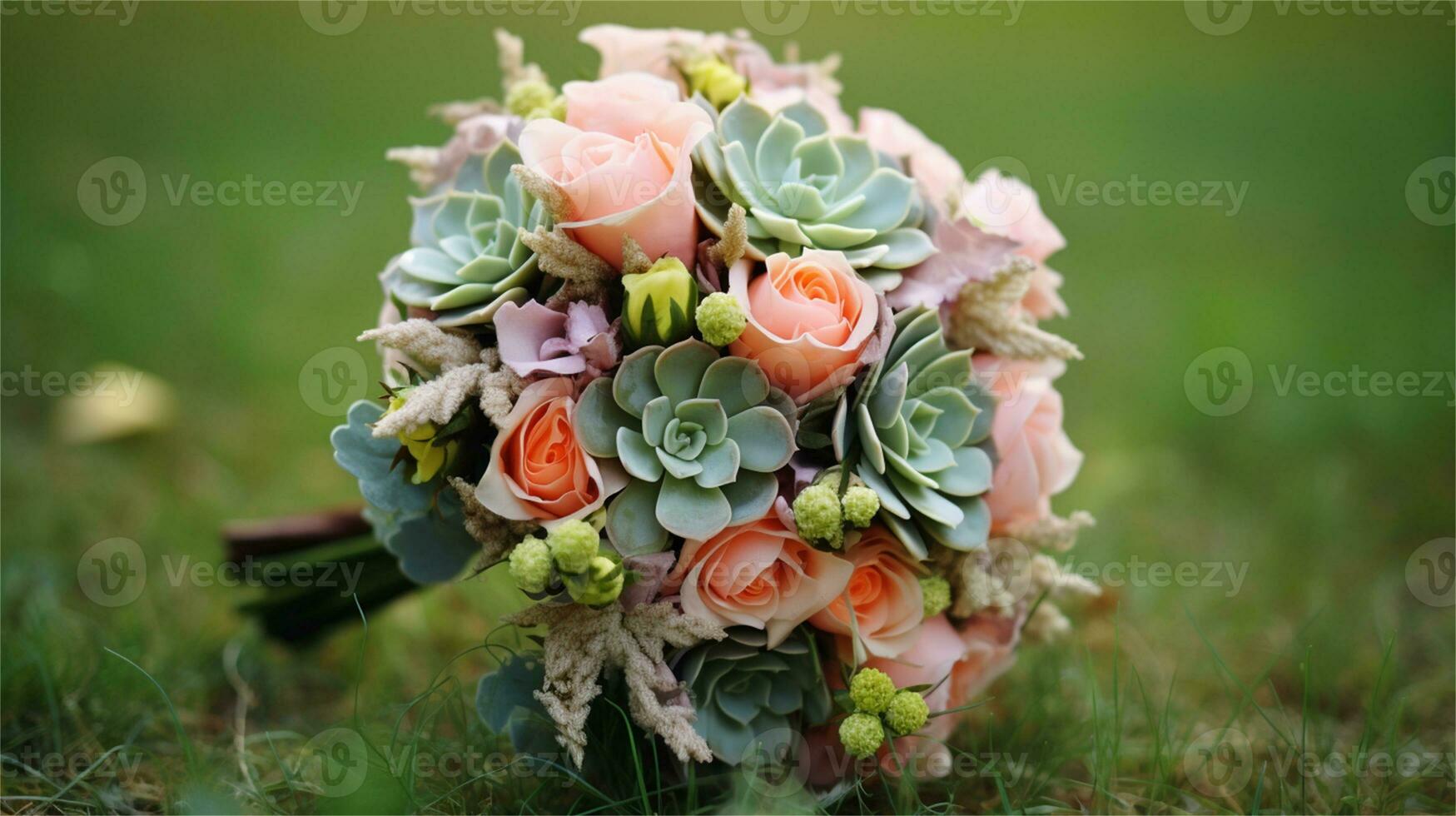a bouquet of pink and yellow roses sitting on rocks AI Generated photo