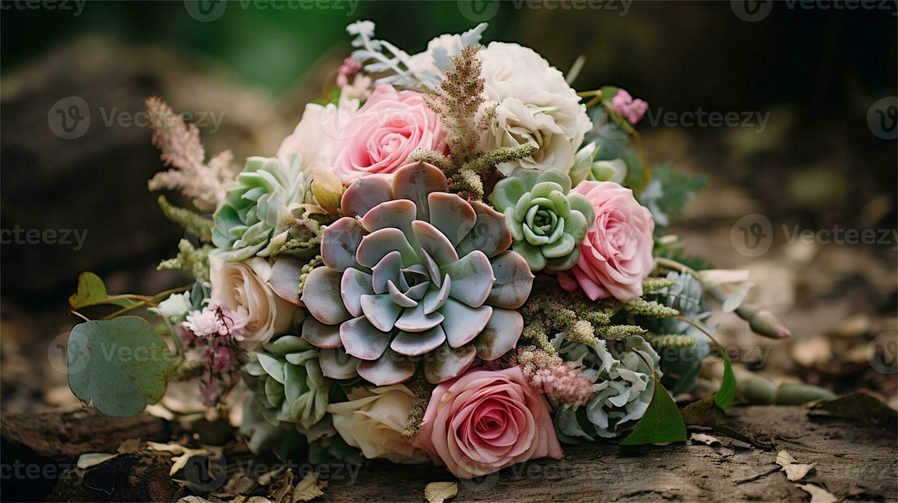 a bouquet of pink and yellow roses sitting on rocks AI Generated photo