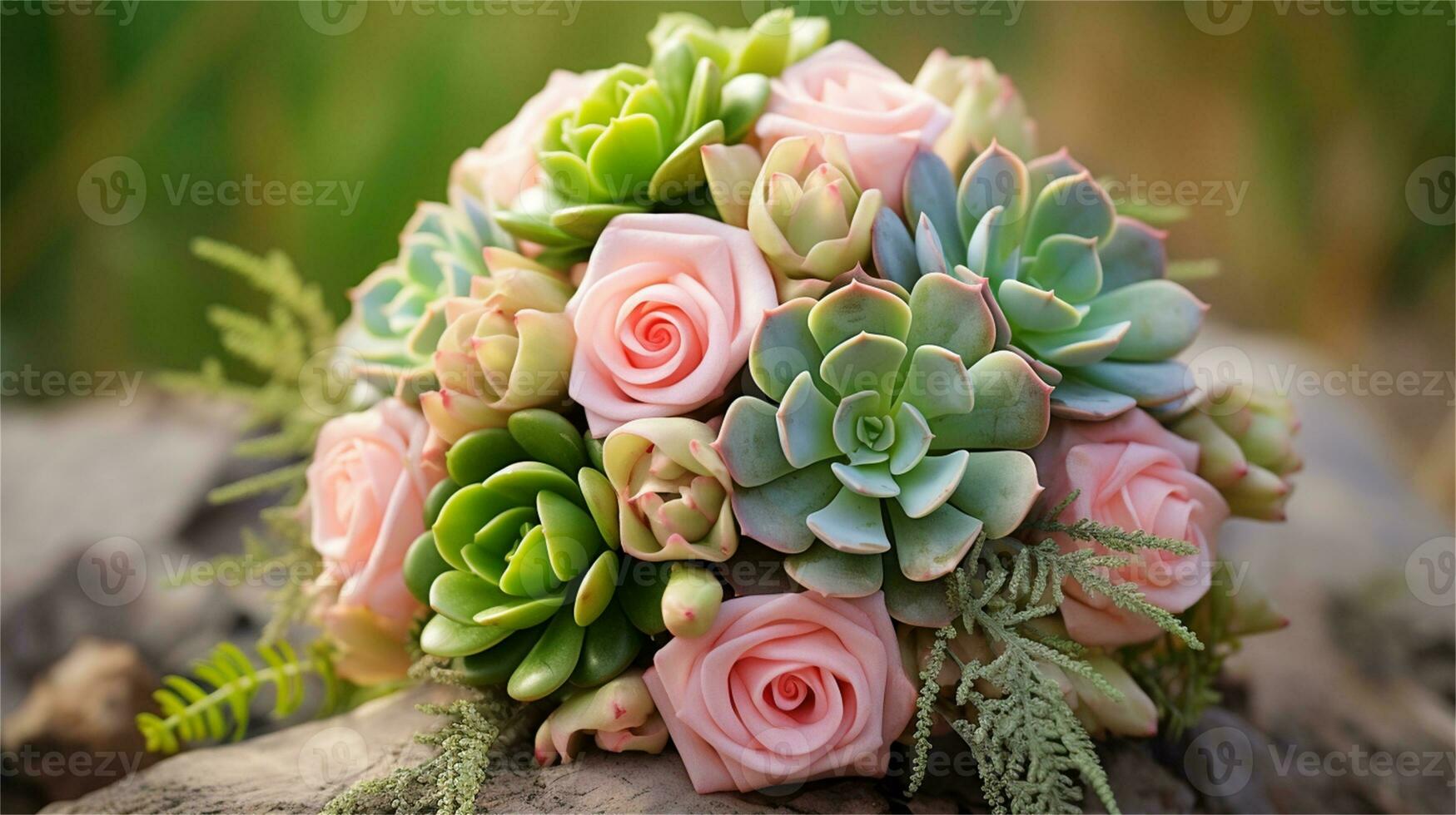 a bouquet of pink and yellow roses sitting on rocks AI Generated photo