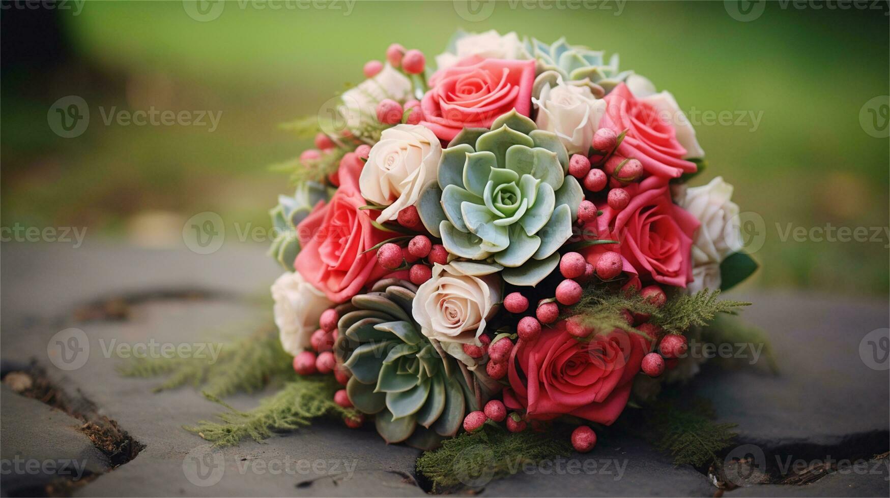 a bouquet of pink and yellow roses sitting on rocks AI Generated photo
