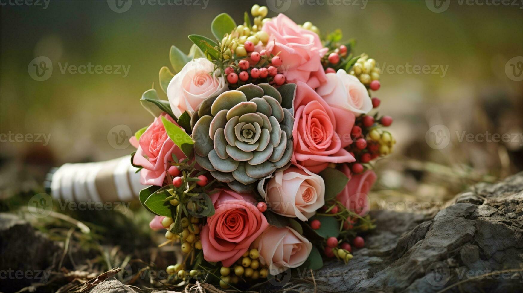 a bouquet of pink and yellow roses sitting on rocks AI Generated photo