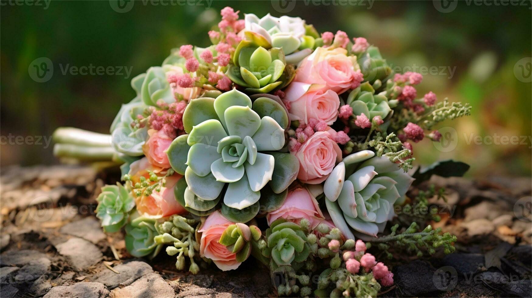 a bouquet of pink and yellow roses sitting on rocks AI Generated photo