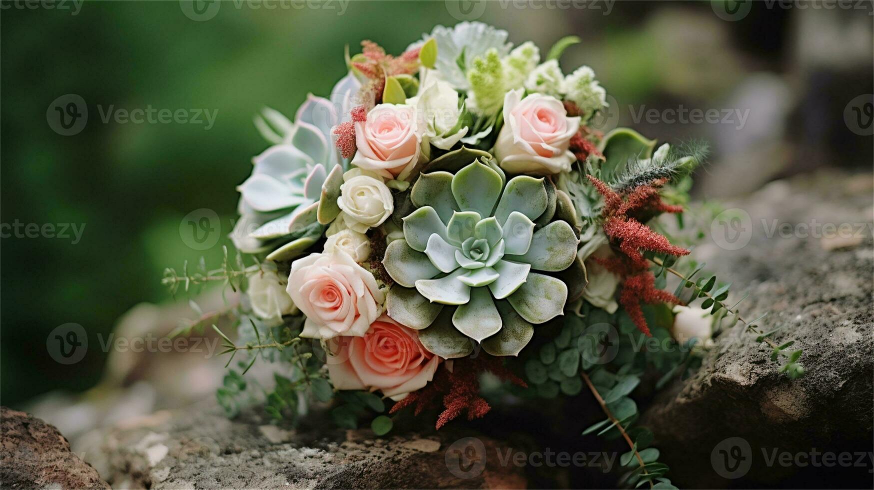 a bouquet of pink and yellow roses sitting on rocks AI Generated photo