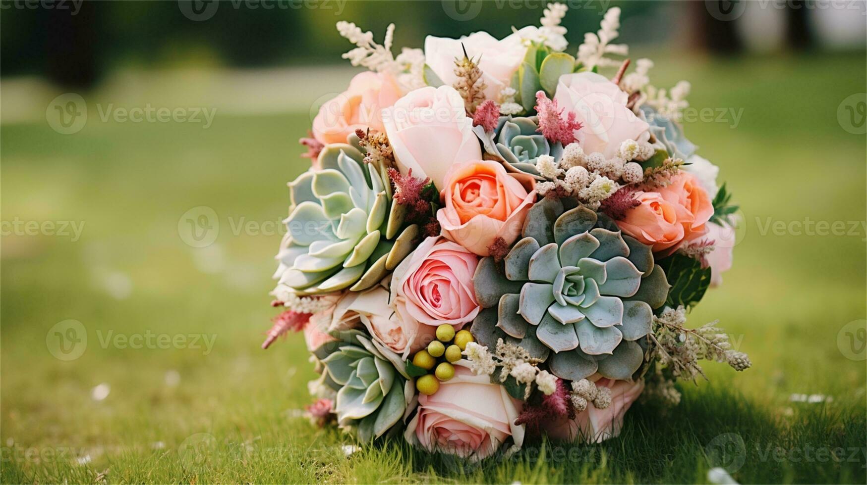 a bouquet of pink and yellow roses sitting on rocks AI Generated photo