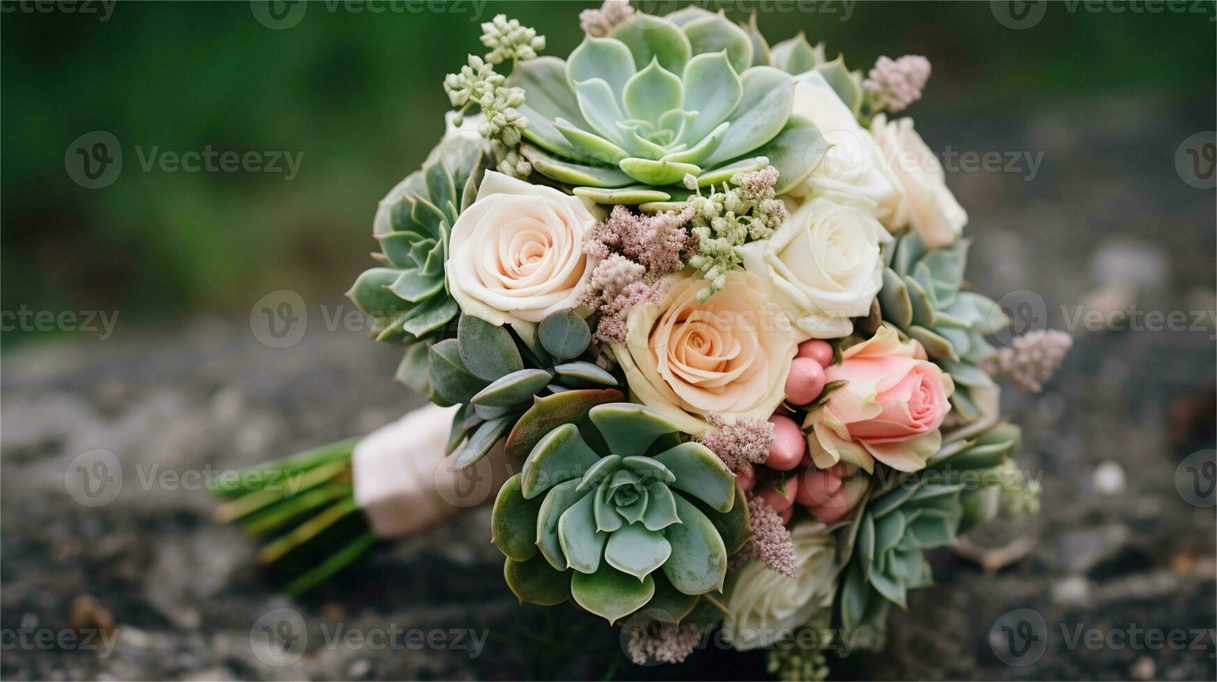 a bouquet of pink and yellow roses sitting on rocks AI Generated photo