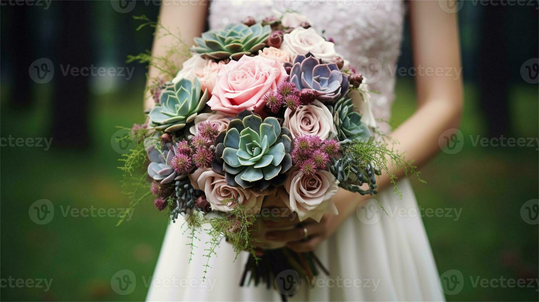 a bouquet of pink and yellow roses sitting on rocks AI Generated photo