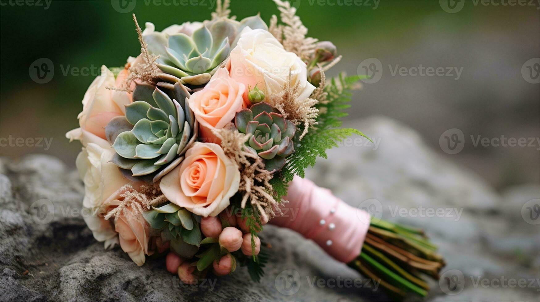 a bouquet of pink and yellow roses sitting on rocks AI Generated photo