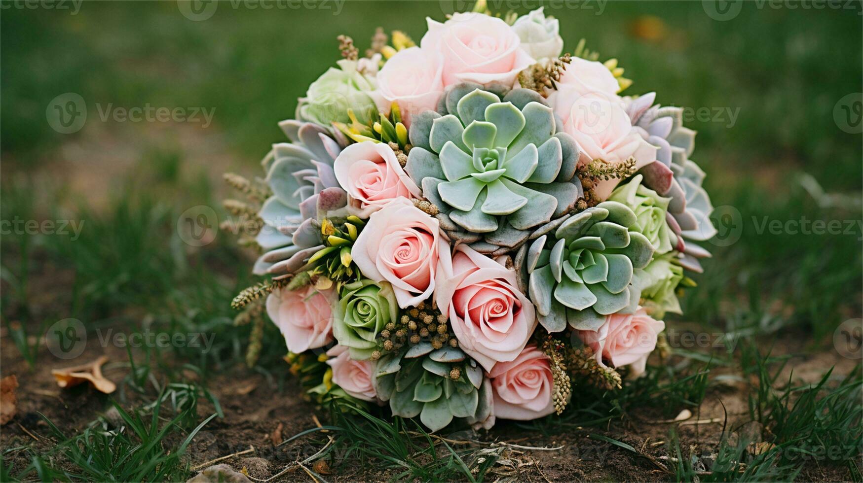 a bouquet of pink and yellow roses sitting on rocks AI Generated photo