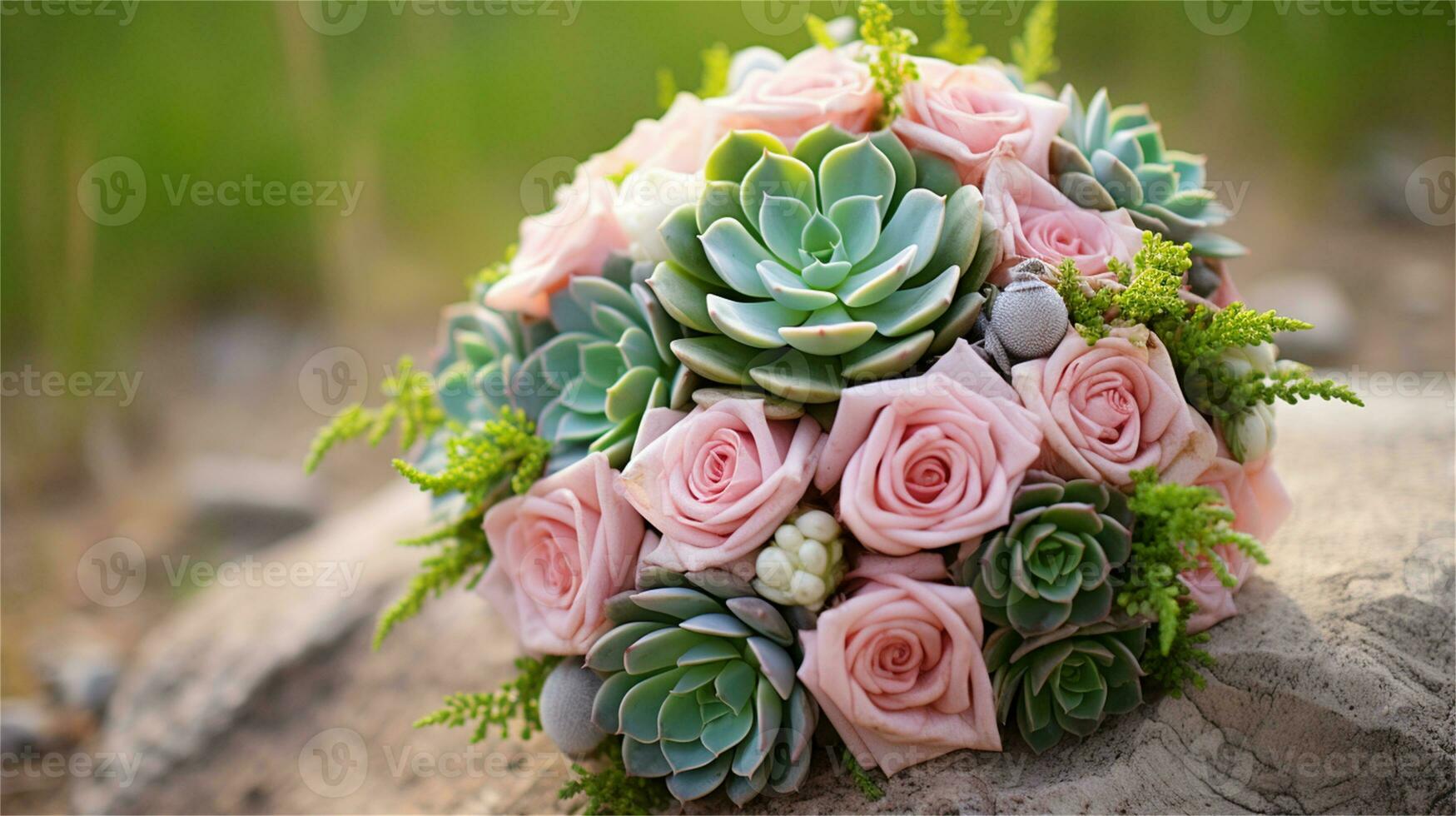 a bouquet of pink and yellow roses sitting on rocks AI Generated photo