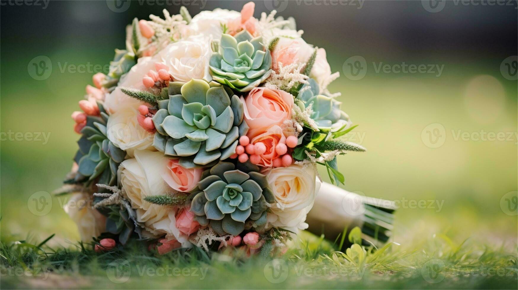 a bouquet of pink and yellow roses sitting on rocks AI Generated photo