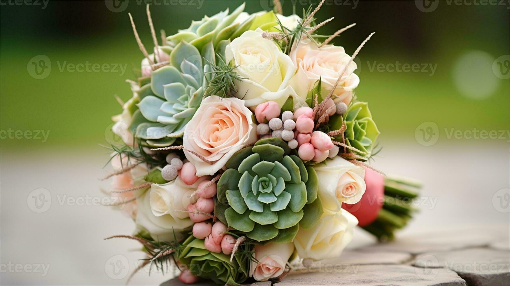 a bouquet of pink and yellow roses sitting on rocks AI Generated photo