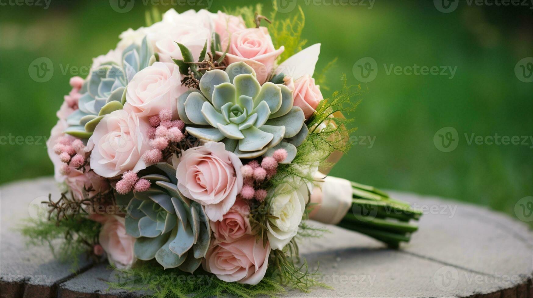 a bouquet of pink and yellow roses sitting on rocks AI Generated photo