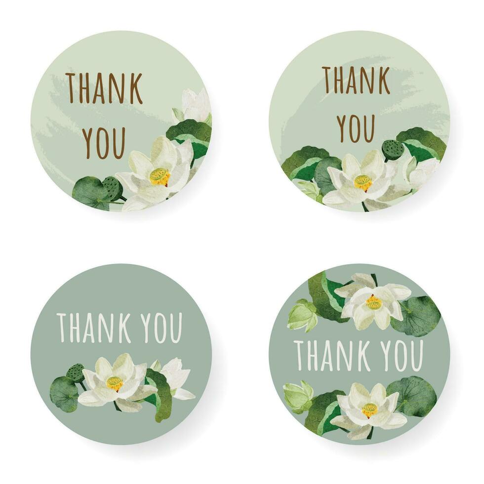 watercolor white lotus thank you sticker elements collection on white background isolated vector