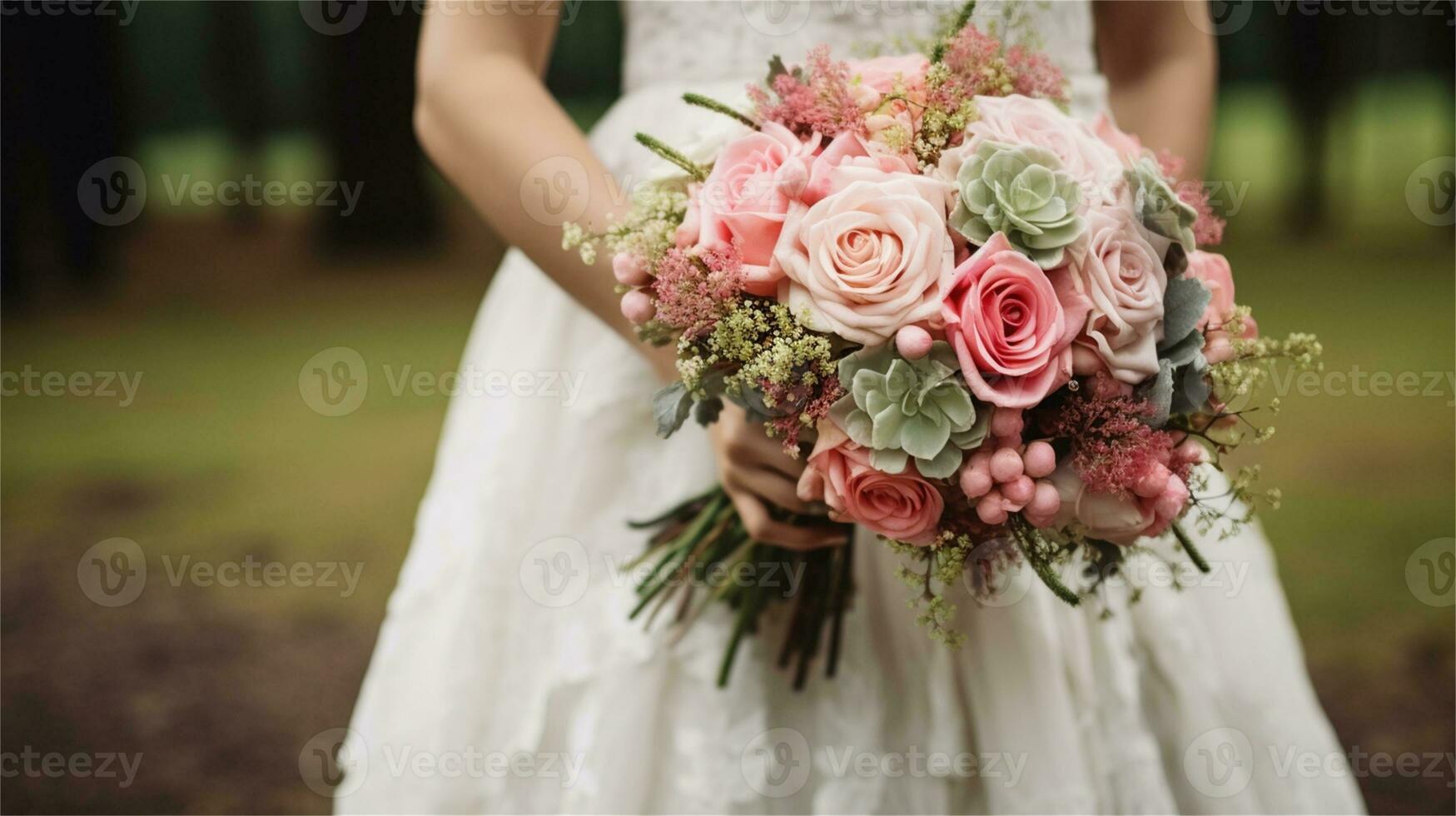 a bouquet of pink and yellow roses sitting on rocks AI Generated photo