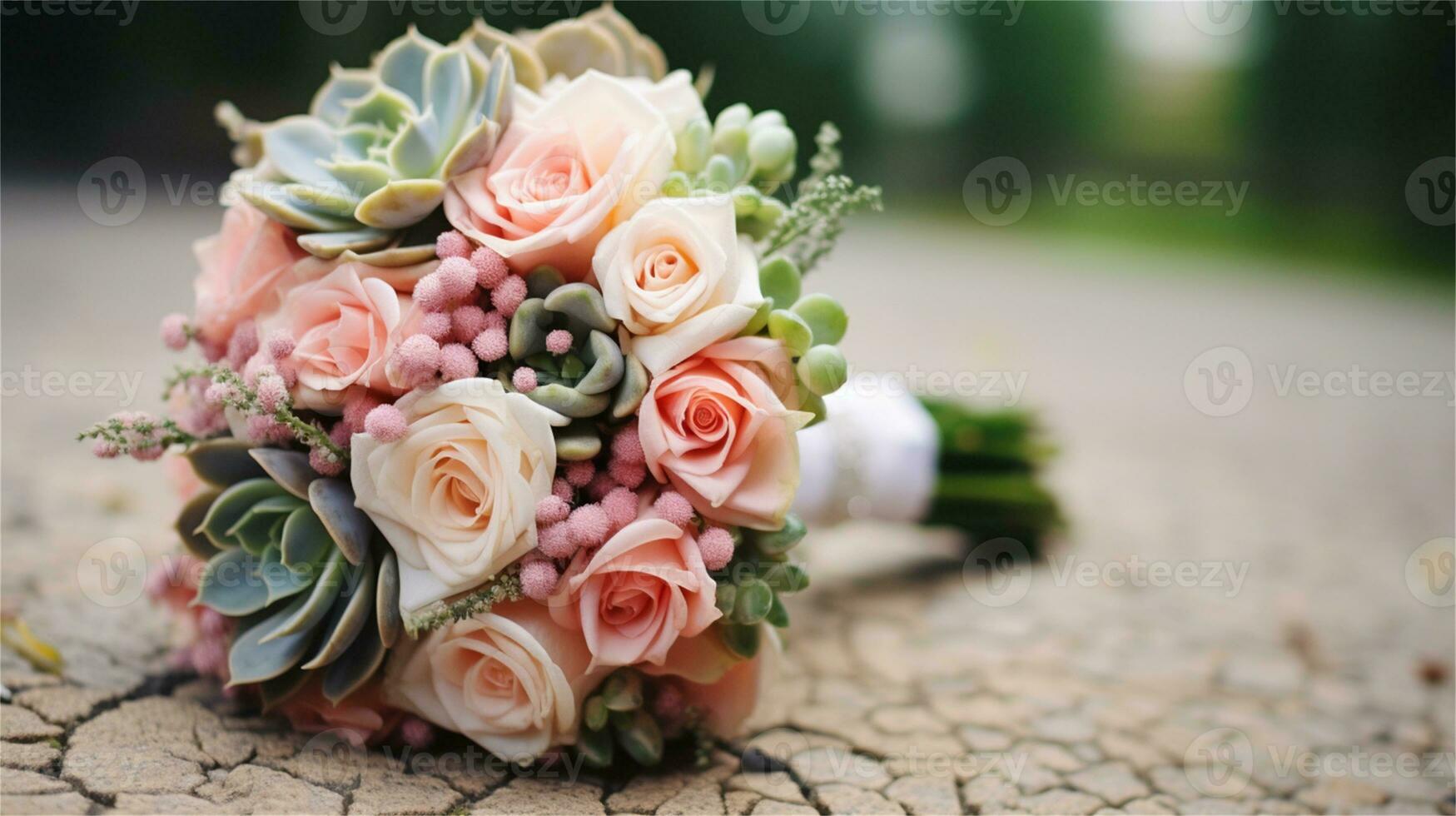 a bouquet of pink and yellow roses sitting on rocks AI Generated photo