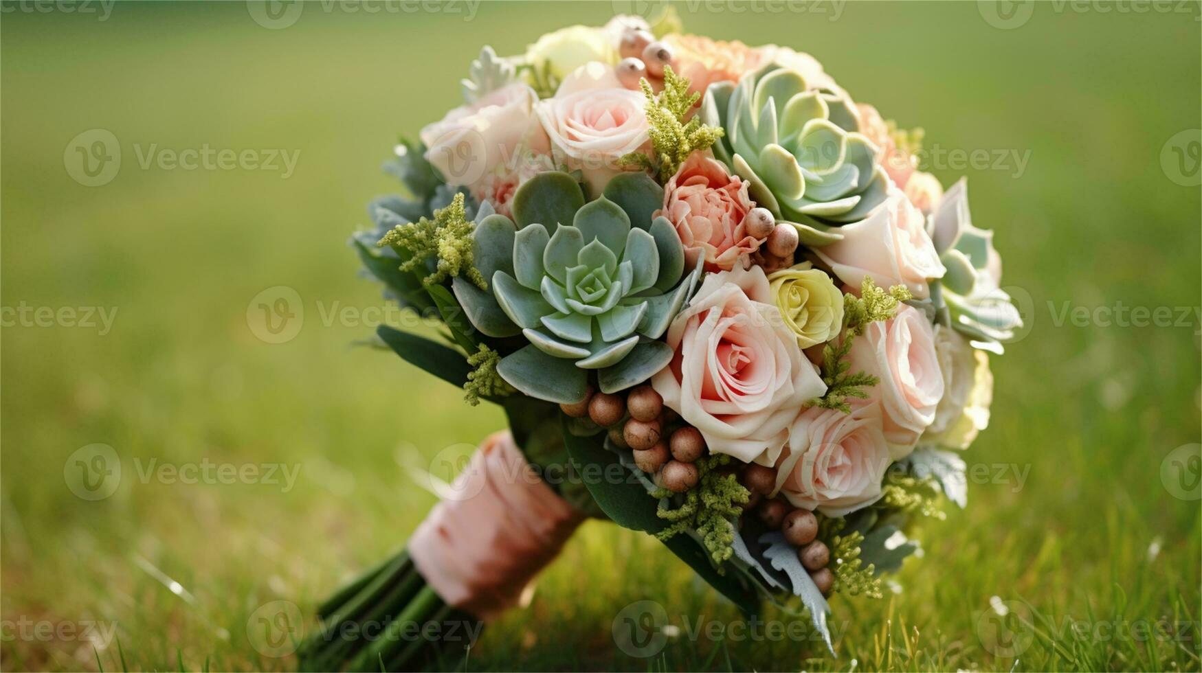 a bouquet of pink and yellow roses sitting on rocks AI Generated photo