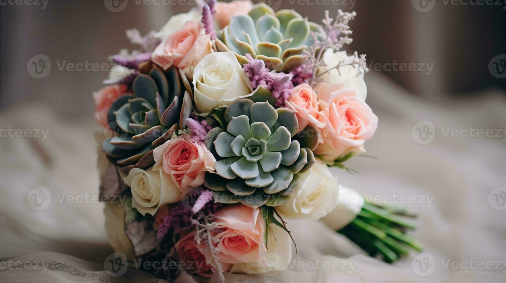 a bouquet of pink and yellow roses sitting on rocks AI Generated photo