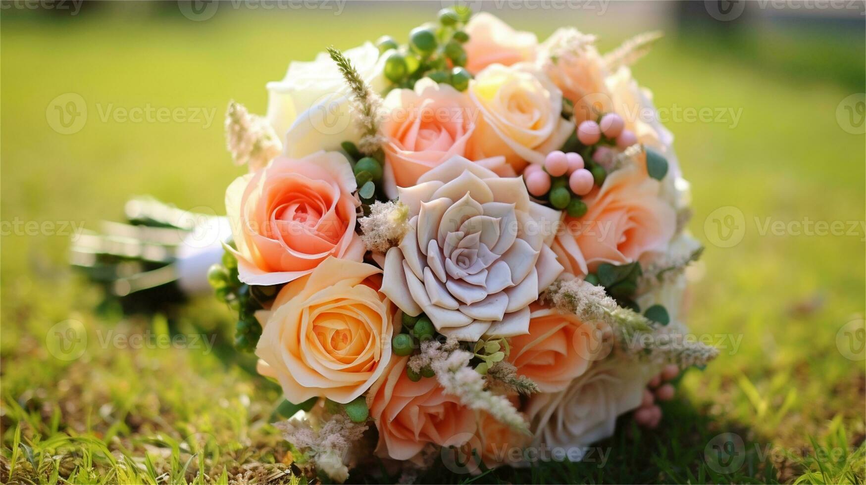 a bouquet of pink and yellow roses sitting on rocks AI Generated photo