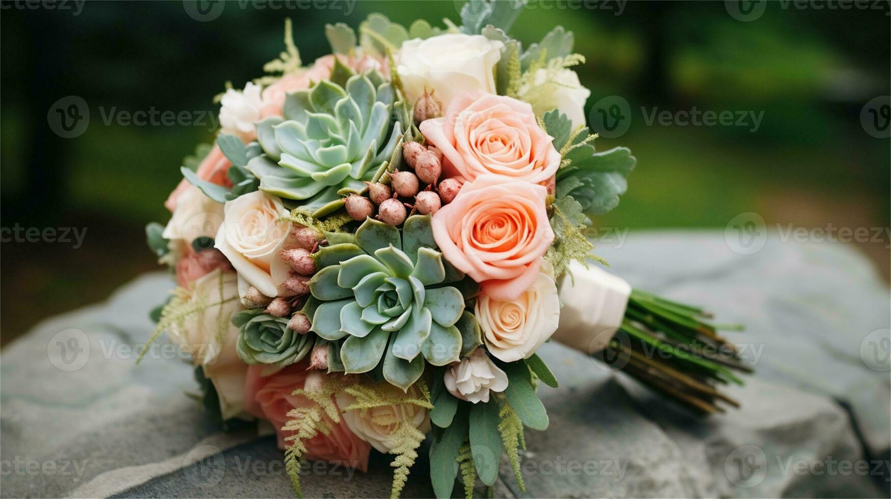 a bouquet of pink and yellow roses sitting on rocks AI Generated photo