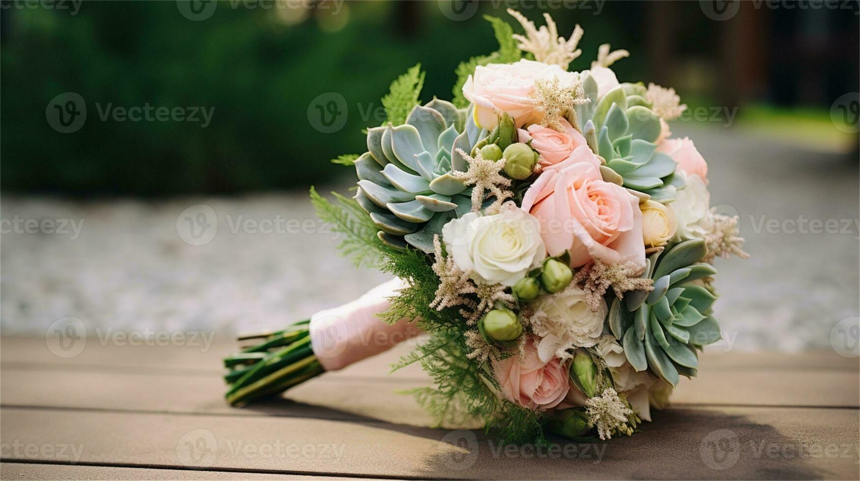 a bouquet of pink and yellow roses sitting on rocks AI Generated photo