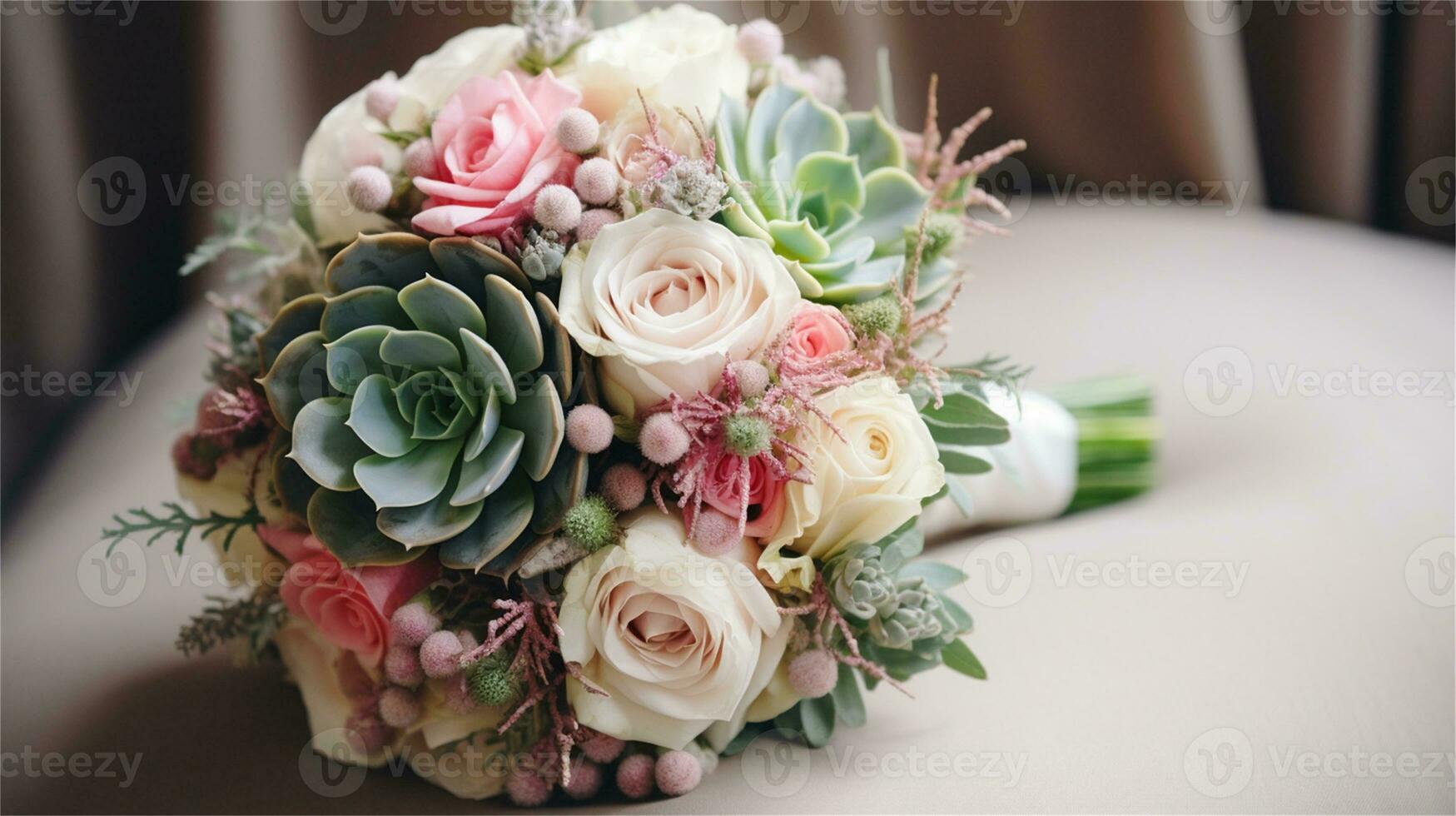 a bouquet of pink and yellow roses sitting on rocks AI Generated photo