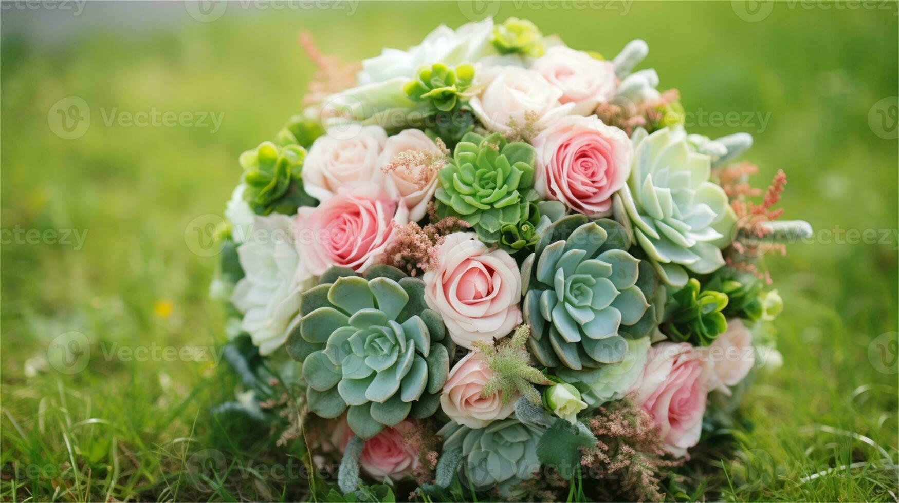 a bouquet of pink and yellow roses sitting on rocks AI Generated photo