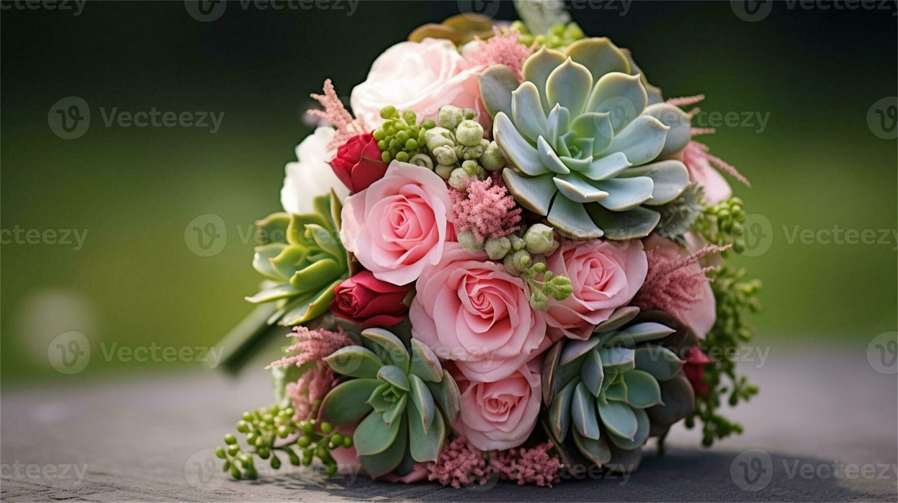 a bouquet of pink and yellow roses sitting on rocks AI Generated photo