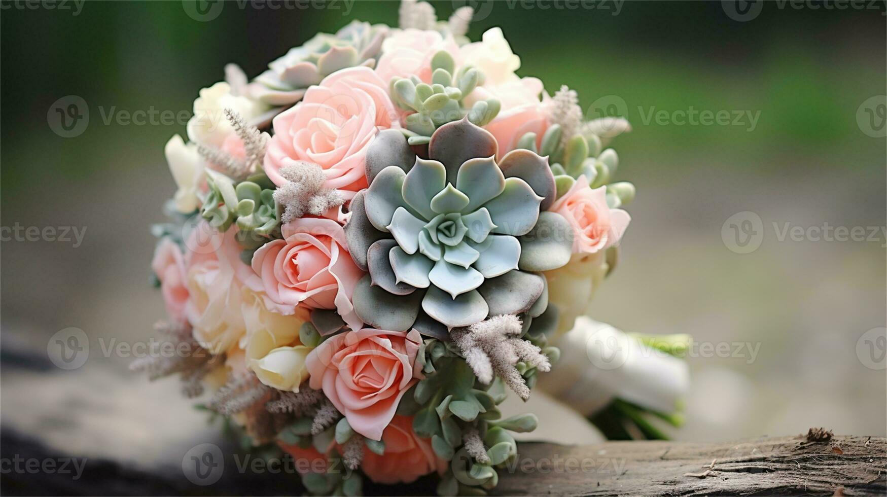 a bouquet of pink and yellow roses sitting on rocks AI Generated photo